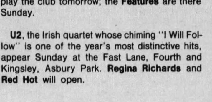 U2 listing for Asbury Park concert at the Fast Lane 1981
