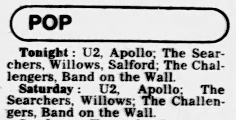 Listing for U2 concert at Manchester Apollo 1984