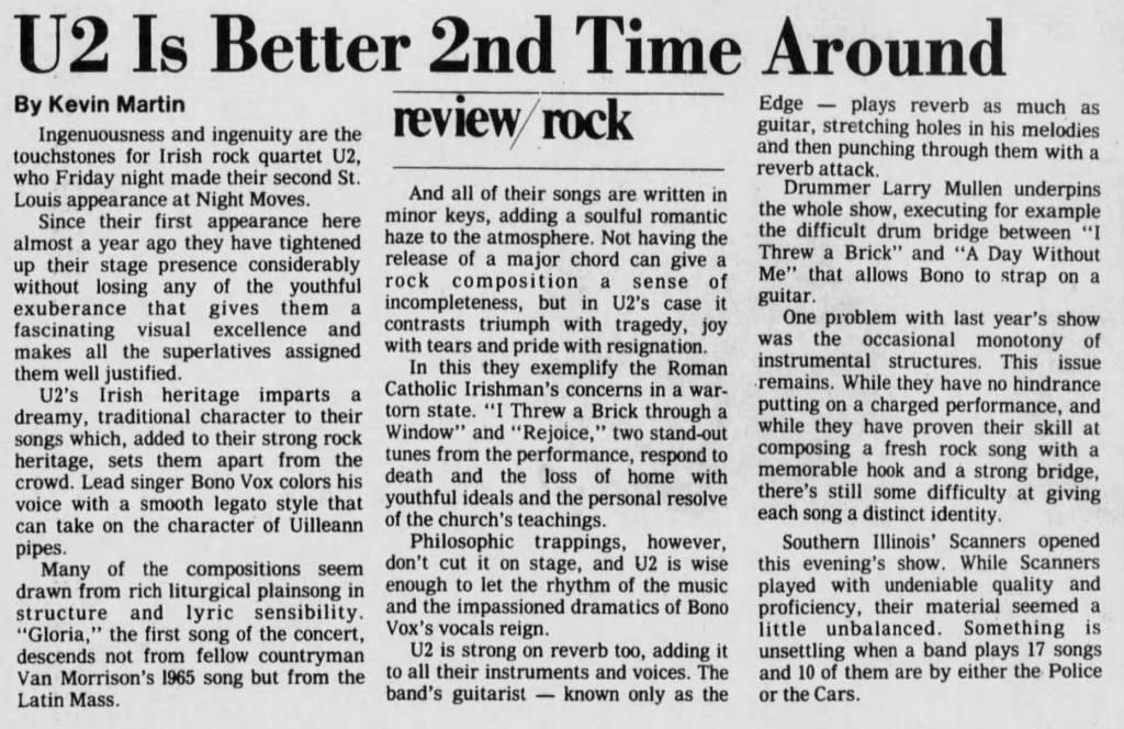 U2 and the Scanners concert review from St Louis 1982