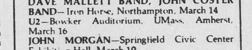 Listing from the local press for U2's concert at Bowker Auditorium.