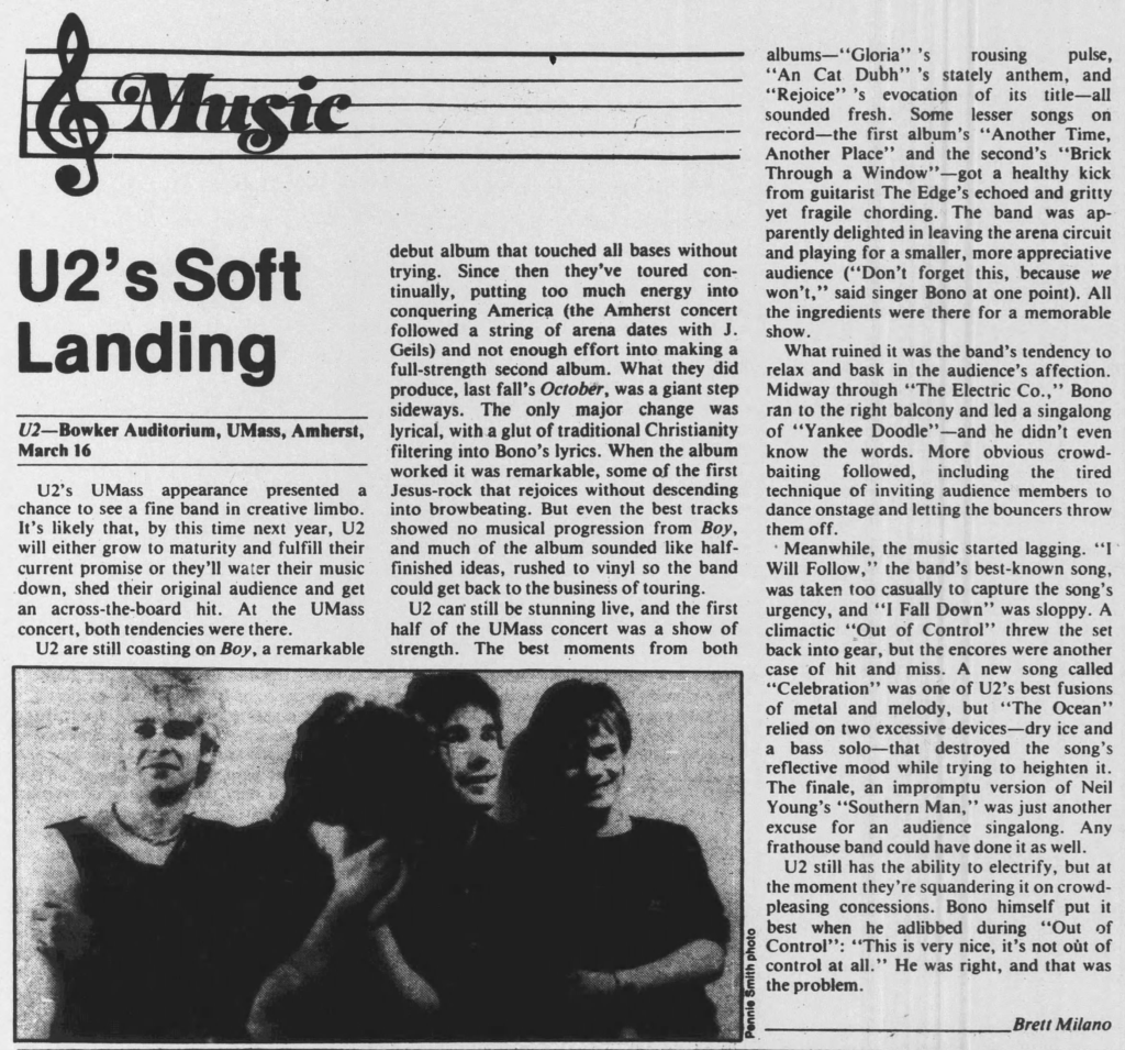 Review of U2 concert in Amherst 1982