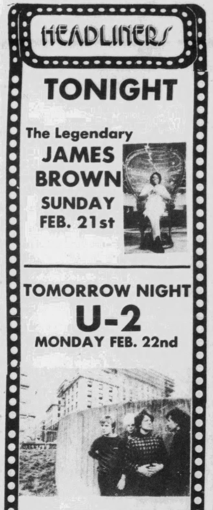 U2 play a concert at Headliners the day after James Brown