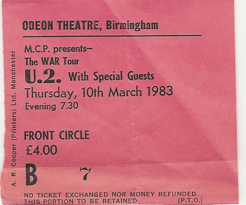 Front Circle U2 ticket stub 10th March 1983 War Tour Leg 1