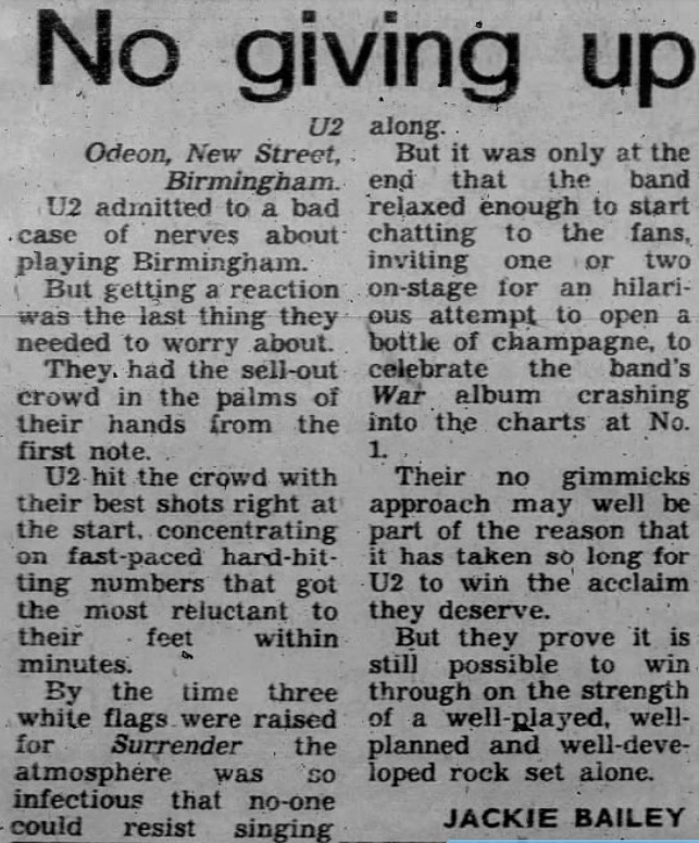 U2 concert review from Odeon Birmingham 1983