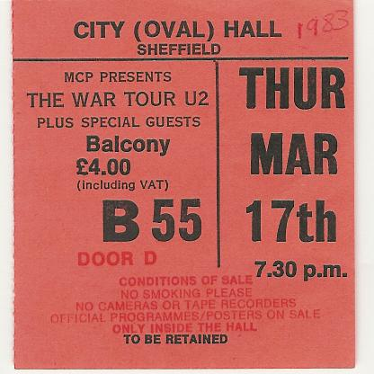 Sheffield War tour concert ticket stub