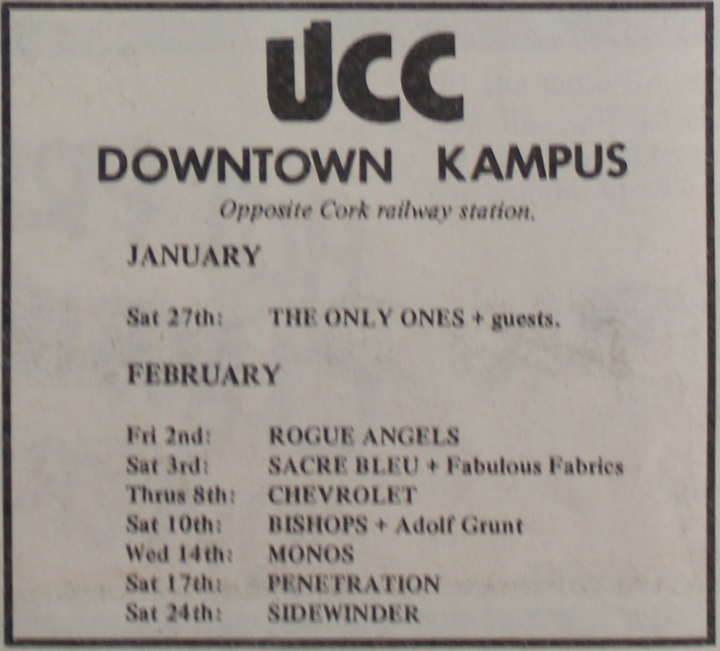 Advert for the Cork gig of the Fabrics tour with Sacre Bleu
